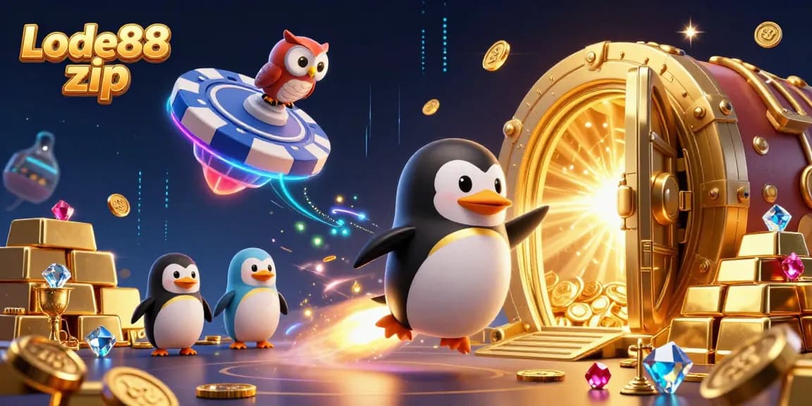 Lode88 zip captures a golden penguin soaring towards a casino poker chip station, surrounded by treasures.
