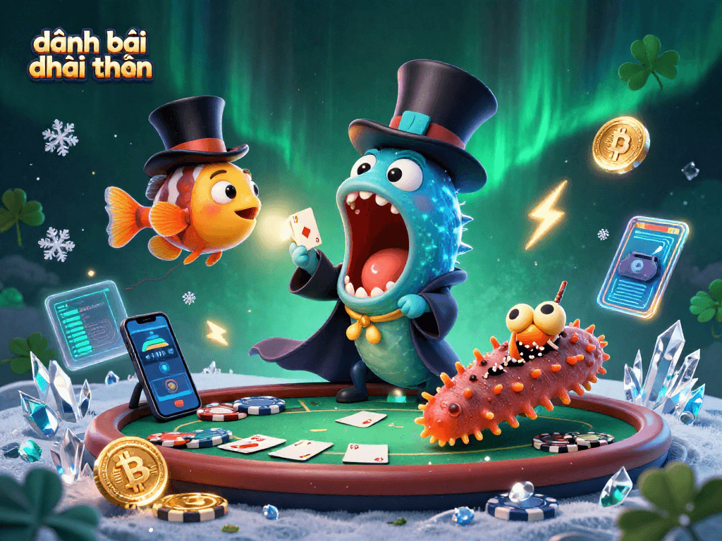 Engage in đánh bài đổi thưởng with a vibrant 3D scene of deep-sea creatures performing magical card tricks.