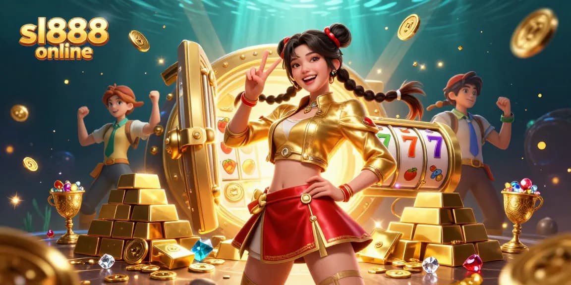 Play exciting slot games with sl888 online amidst vibrant casino elements and shimmering treasures.