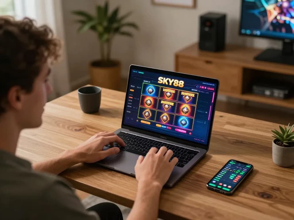Player engaging with thrilling SKY88 slot games on laptop in a cozy home office setting.