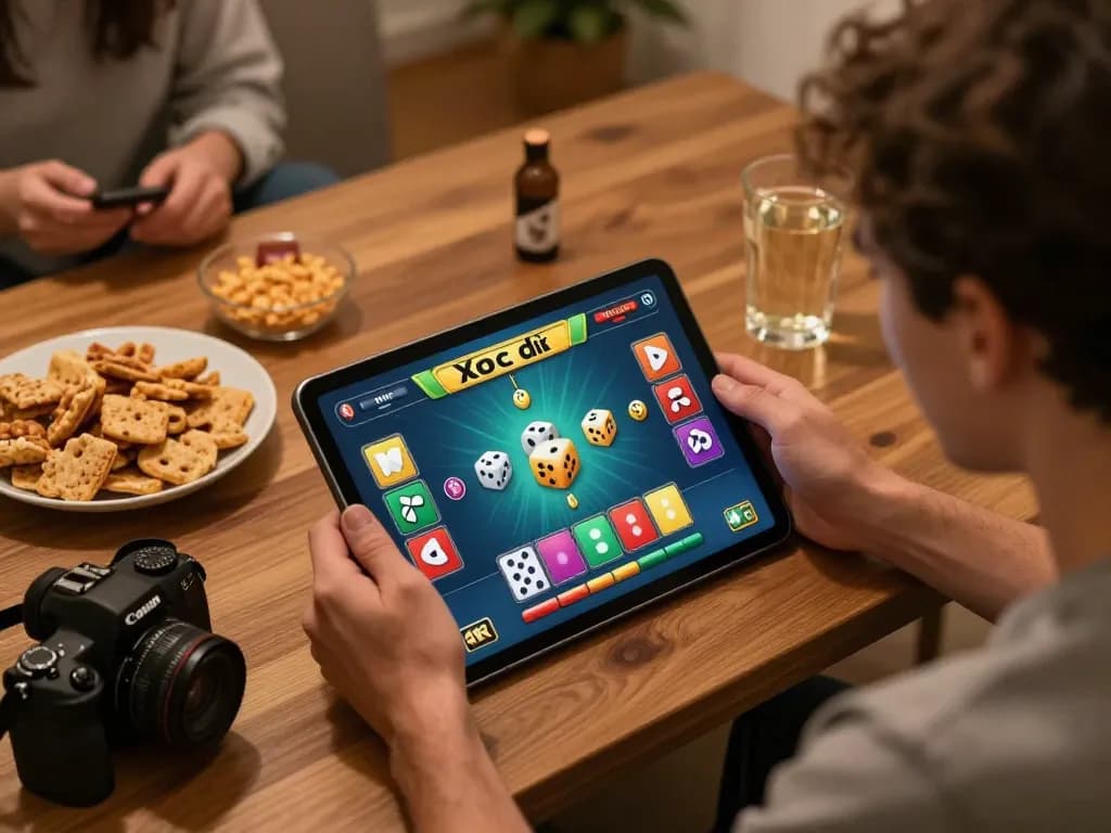 xóc đĩa online gameplay displayed on a tablet in a cozy home setting with player engaged and lively atmosphere.