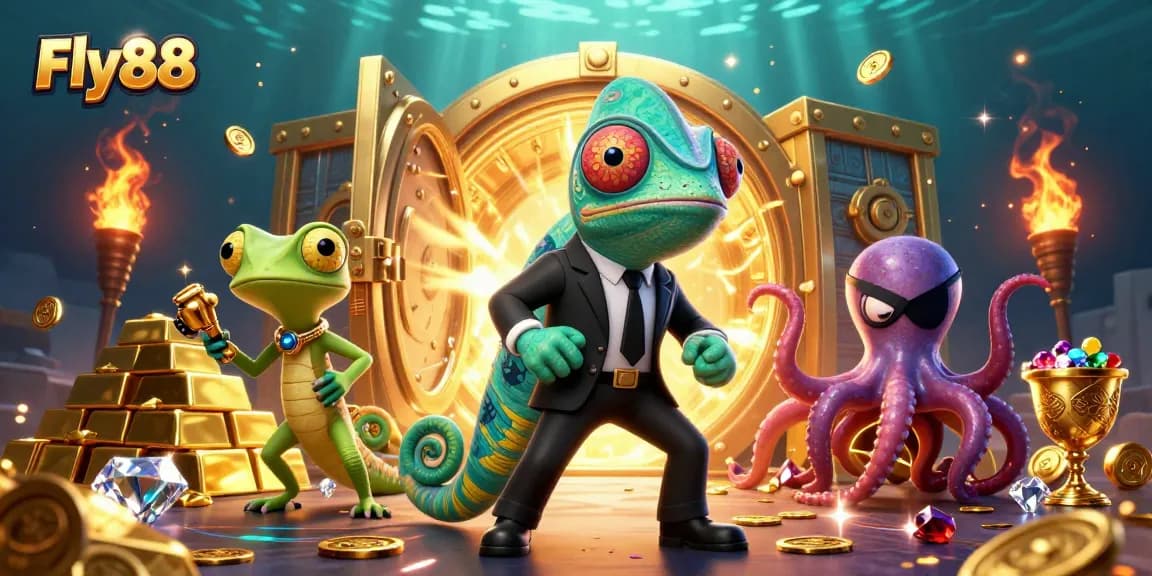 Engage with Fly88's thrilling casino experiences featuring a vibrant 3D illustration of a secret agent chameleon and friends.