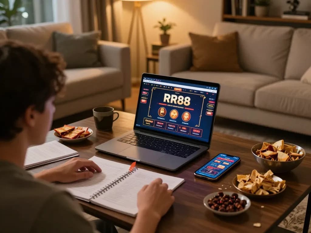 Person placing bets on RR88 mobile app during a cozy home gaming night.