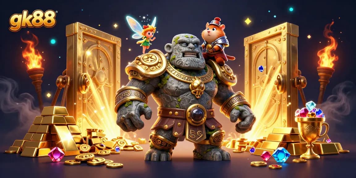 gk88 displays an enchanting 3D casino scene with a golem, fairy, and hamster knight amidst treasures.
