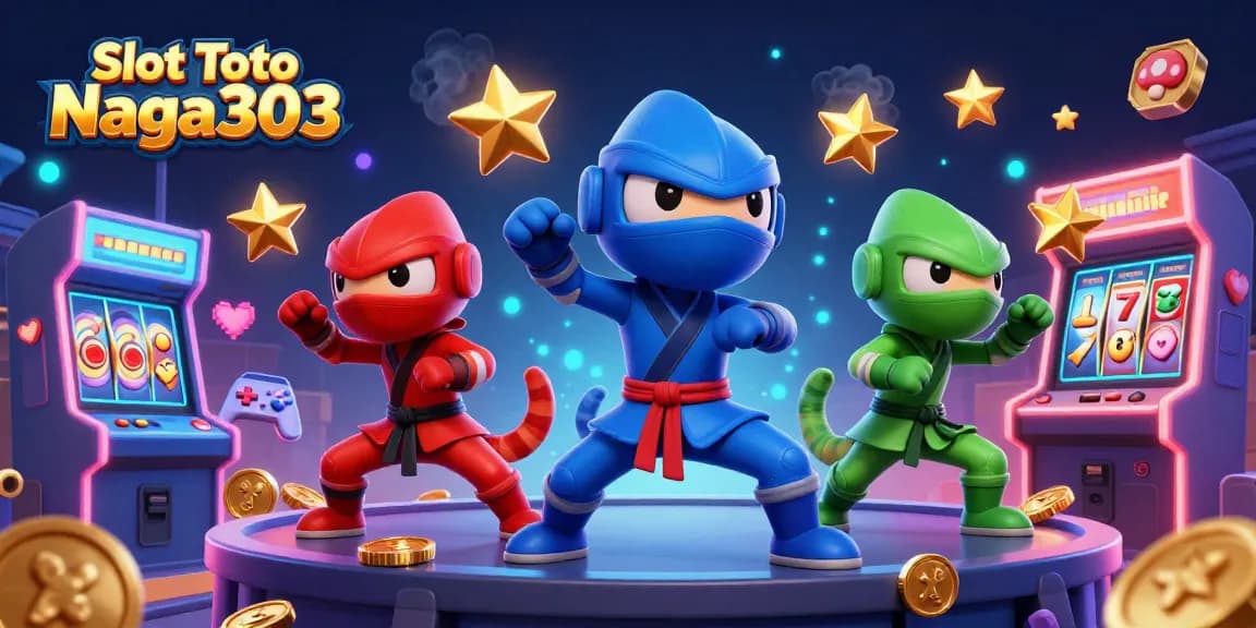 Play Slot Toto Naga303 with dynamic gaming actions featuring colorful 3D chameleons and arcade elements.