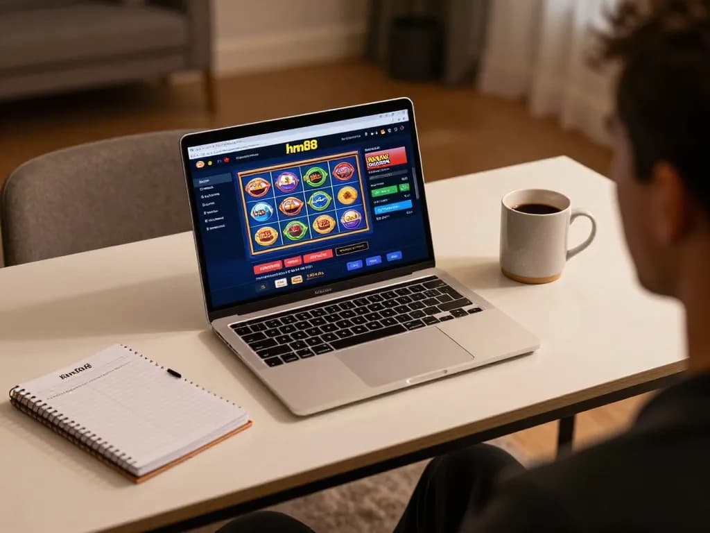 Person enjoying home gaming on hm88 online platform, showcasing slots and live dealers.