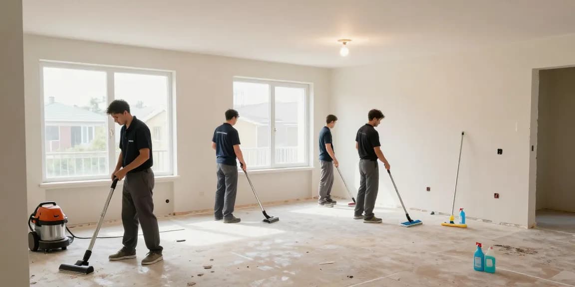 Professional cleaning team conducting a bauendreinigung preis in a newly built apartment with polished surfaces and natural light.