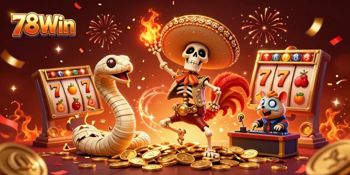Celebrate big wins at 78Win with a lively casino scene filled with gold coins and vibrant characters.