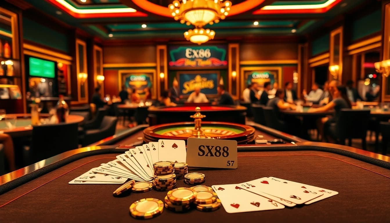 SX88 betting scene with luxurious poker table, vibrant casino atmosphere, and excited gamblers around.