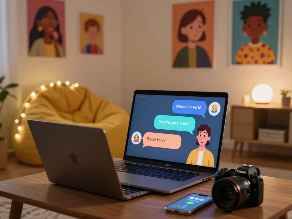 Interactive ai nsfw chat scene with a user and playful AI character on a laptop.