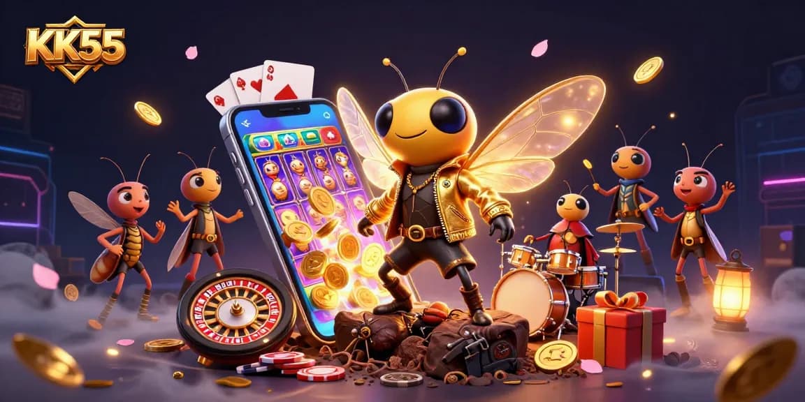 Experience KK55's thrilling gaming scene with a rock star cicada and dynamic casino elements.