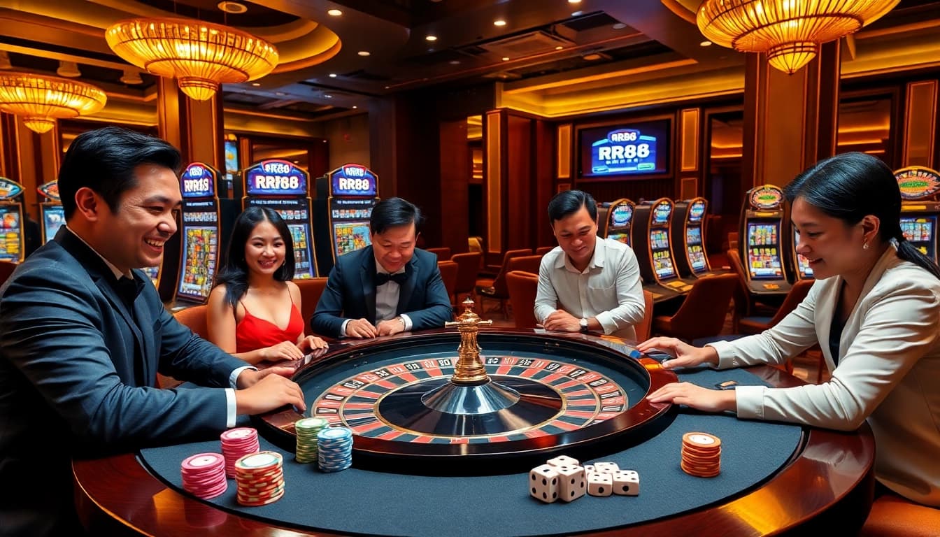 Players enjoying the RR88 casino experience with vibrant games and gleaming poker chips.