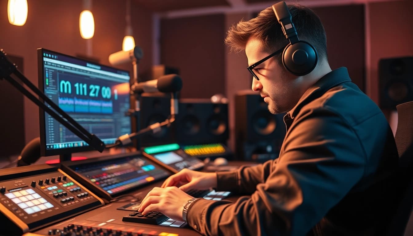 Engineer mastering tracks online in a modern studio setup with vibrant lighting.