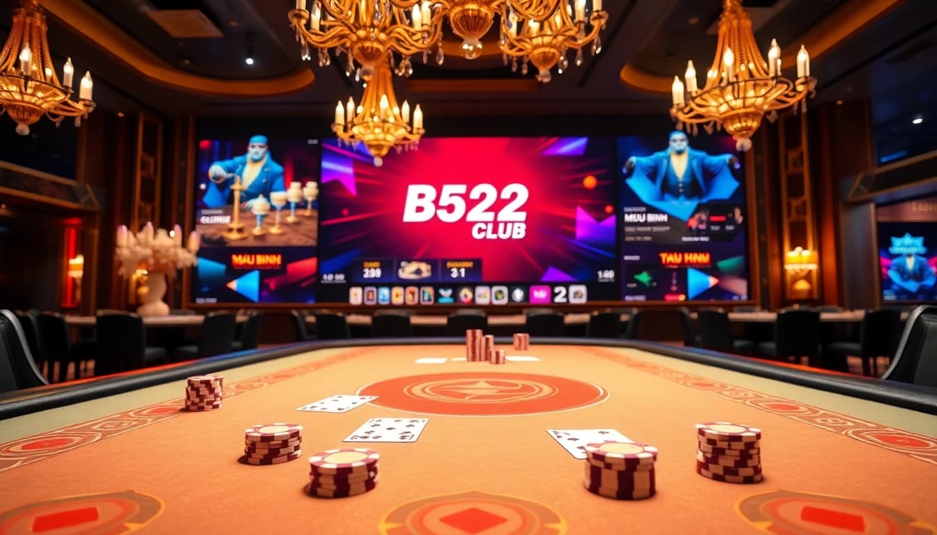 B52CLUB poker scene featuring vibrant cards and chips at an elegant casino table.