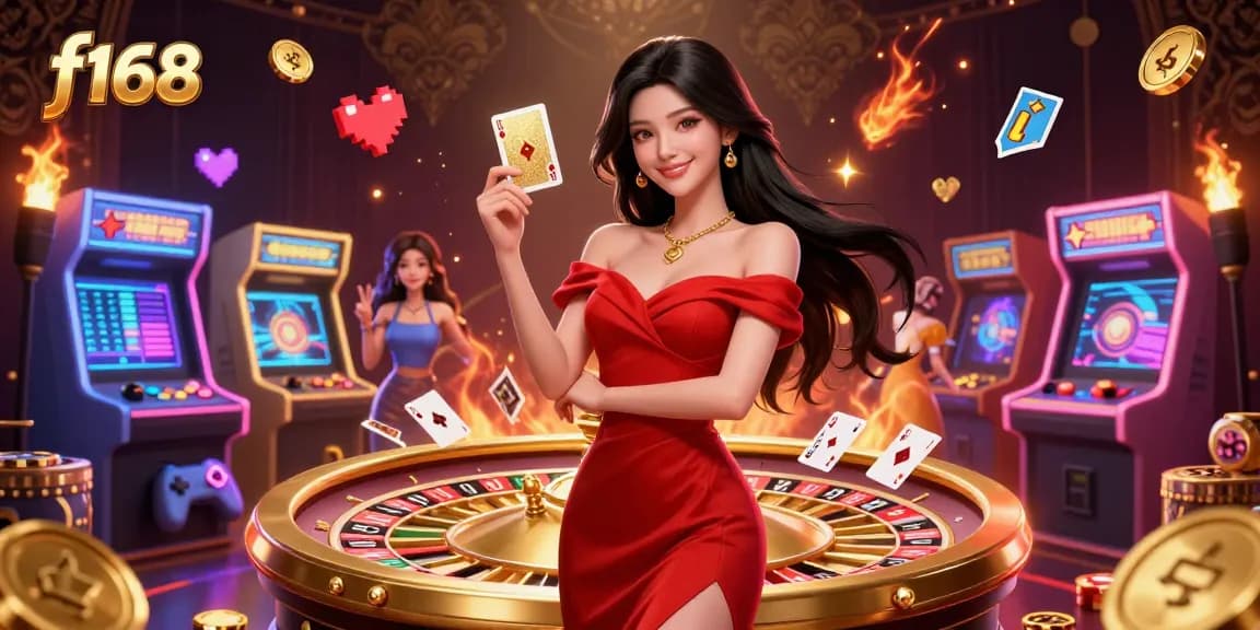Experience excitement at f168 with a captivating Asia-themed casino illustration showcasing vibrant games.