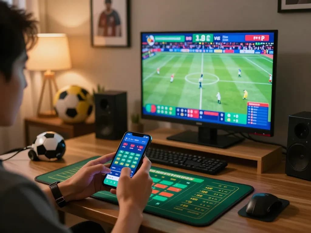 Placing bets on kèo nhà cái trực tiếp during an exciting sports event at home.
