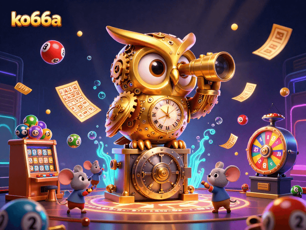 Experience the thrilling vibe of ko66a with a vibrant 3D illustration showcasing lively casino elements and characters.