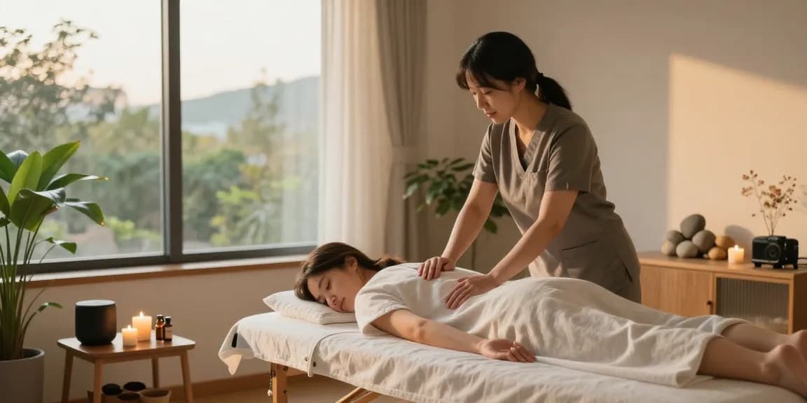 Client enjoying 신촌출장마사지 in a serene apartment setting with calming decor and natural light