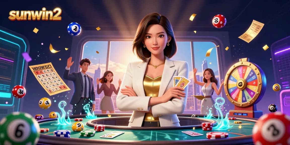 Experience thrilling gameplay at sunwin2 with an elegant Asian woman showcasing her poker expertise amidst vibrant lottery elements.