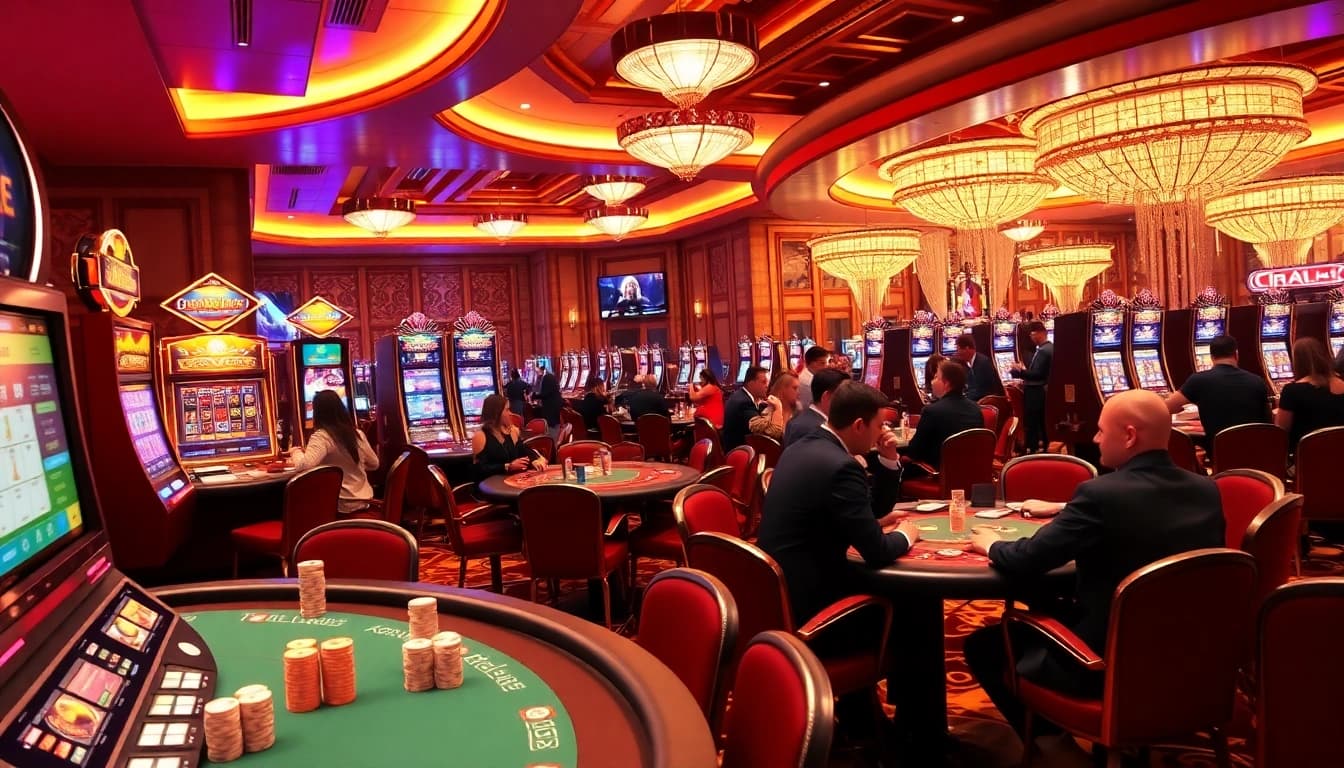 Experience thrilling gameplay at https://68vip.red/ with vibrant slot machines and poker players in action.