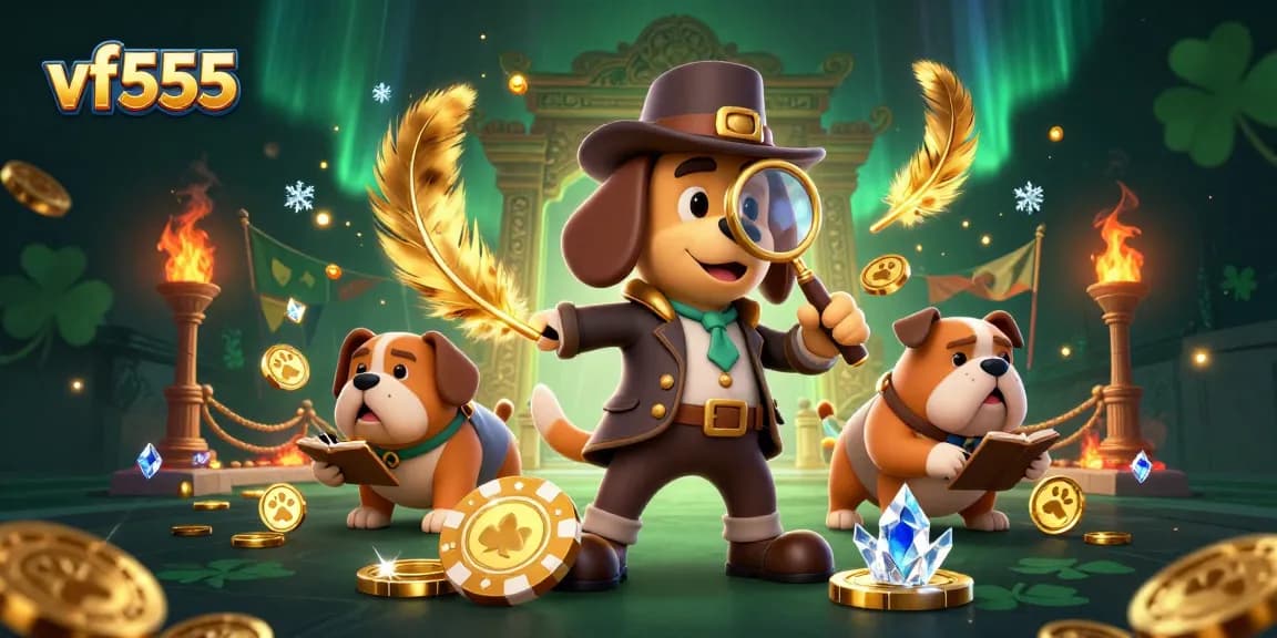 Enjoy thrilling bets with vf555 as characters explore clues in a vibrant casino illustration.