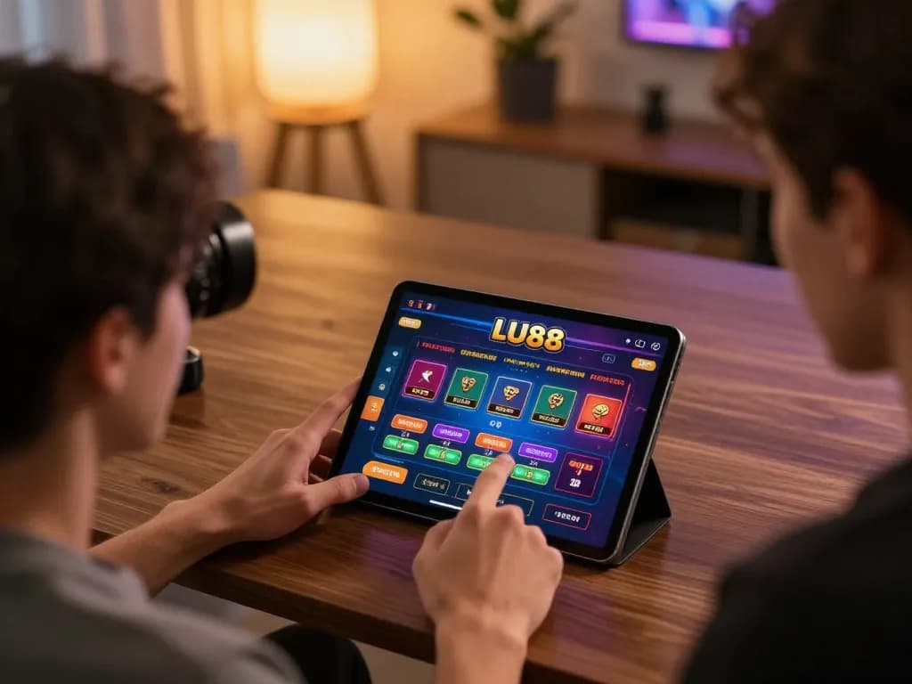 LU88 player engaging in live dealer gaming on tablet, showcasing dynamic betting interface in cozy home office setting
