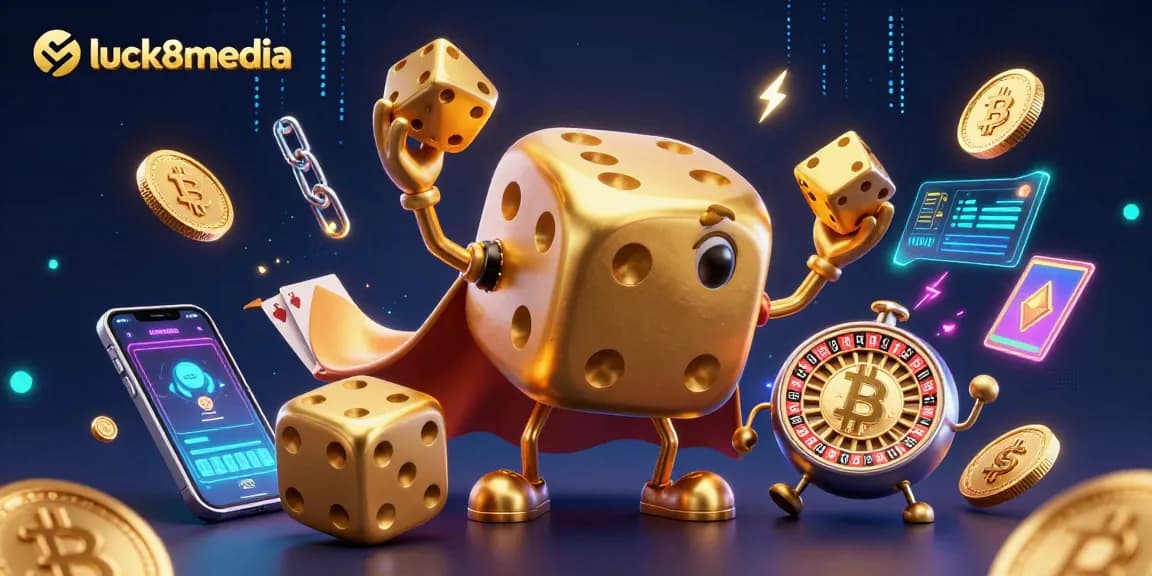 Experience the luck8media adventure with vibrant casino elements and dynamic characters in this 3D illustration.