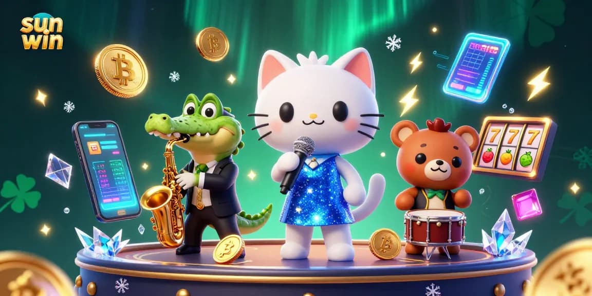 Experience the thrill of sun win with captivating casino characters and glowing crypto elements.