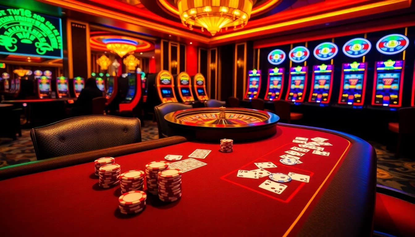 Experience high-stakes gaming at F168 with vibrant casino tables and bright neon lights.