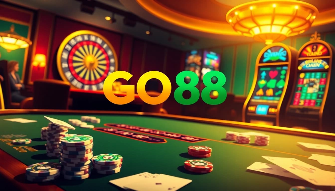 Players engaging at a luxurious casino table with GO88-themed poker chips and vibrant slot machine.
