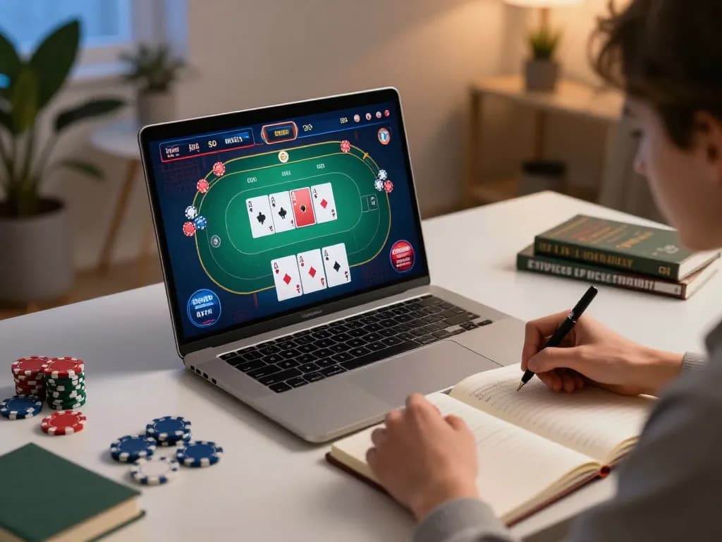 Engaging with nohu26 poker strategies on a laptop during a cozy home gaming session.