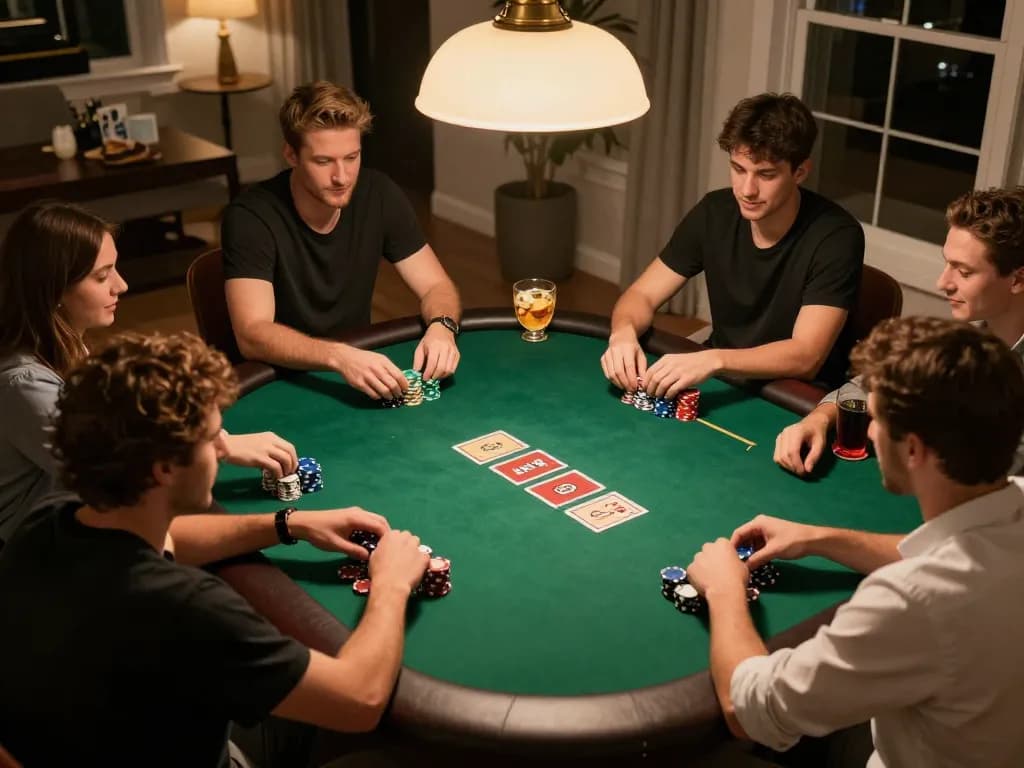 Go99 players enjoy an exciting home poker night with vibrant chips and cards on the table.