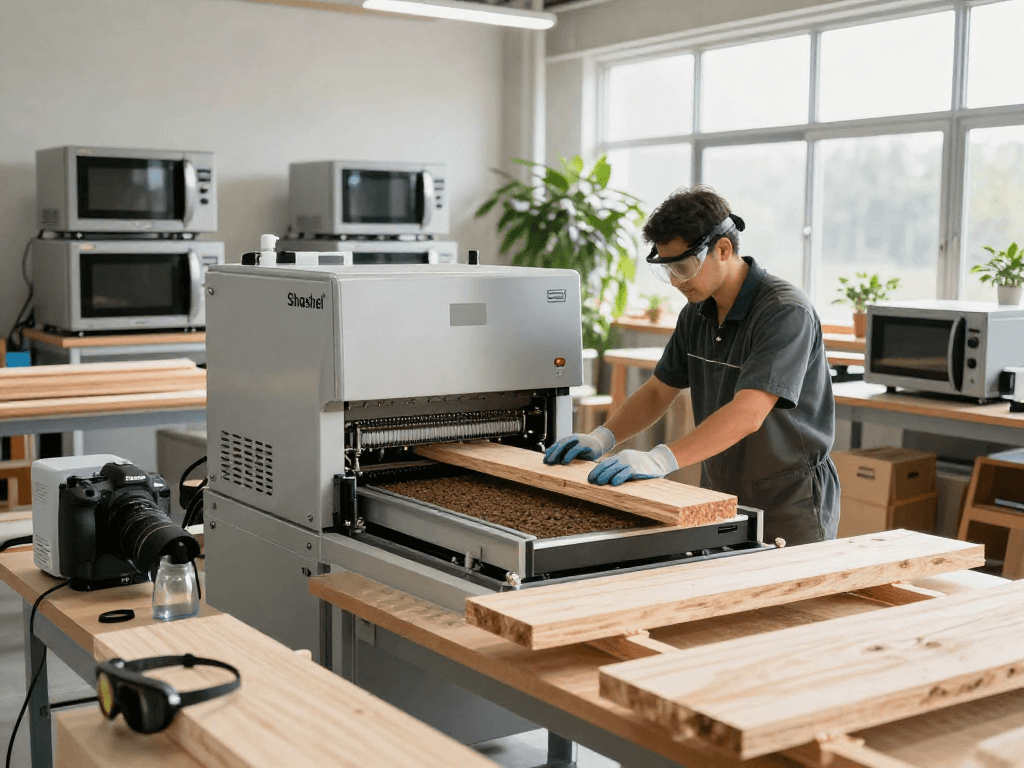 Shashel® technician using advanced microwave equipment to eliminate wood pests in a modern workshop.