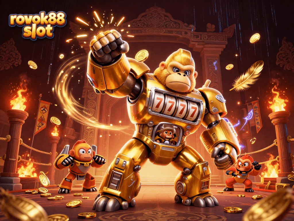 Engage with rokok88 slot in this vibrant 3D scene featuring a transformer-style mech and casino elements.