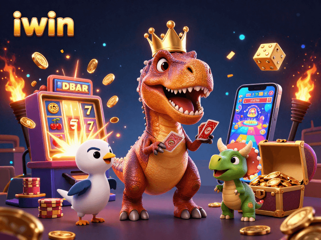 iwin characters engaging in casino action with slot machines, cards, and golden chips in 3D