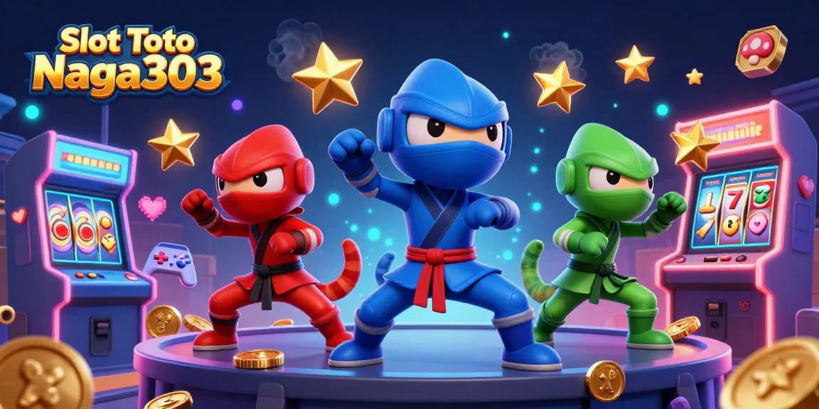 Play Slot Toto Naga303 with dynamic gaming actions featuring colorful 3D chameleons and arcade elements.