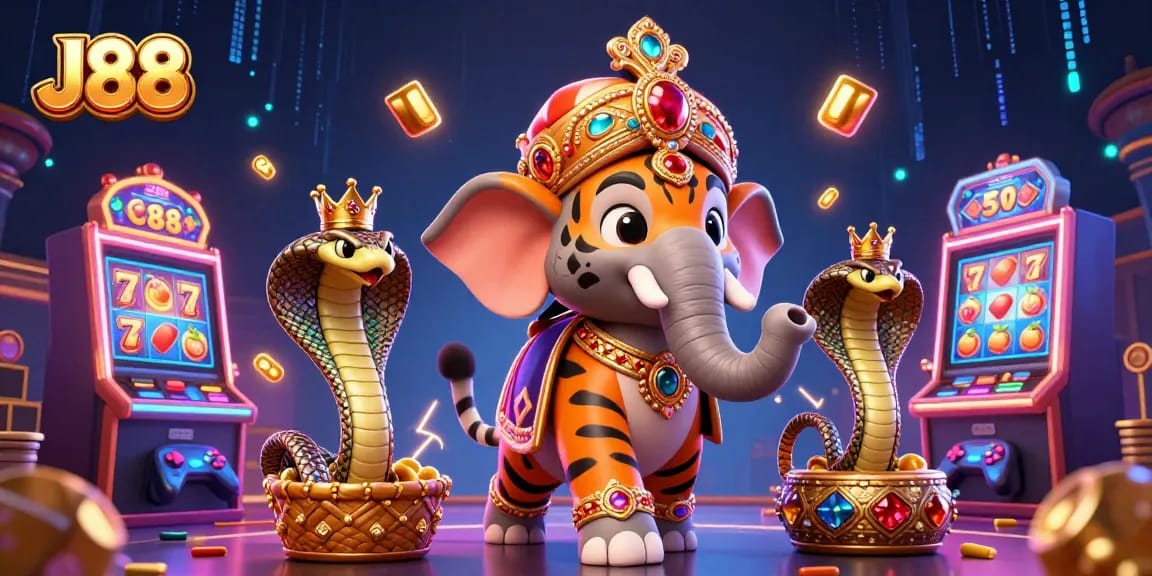J88 inspires players with slot machines, a maharaja tiger, and vibrant casino action.