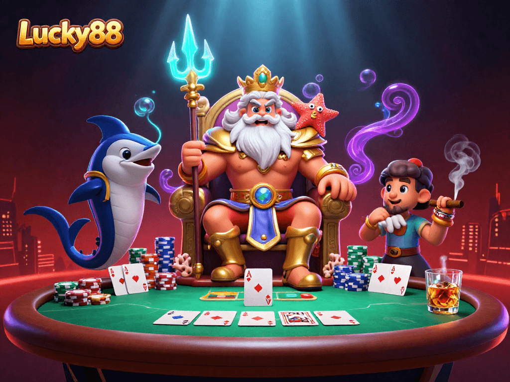 Experience the excitement of Lucky88 with Neptune and vibrant poker elements in this dynamic casino illustration.