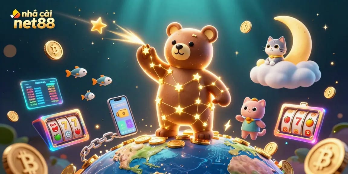 Engage with nhà cái net88 as a vibrant 3D casino scene featuring a golden constellation bear and crypto elements.