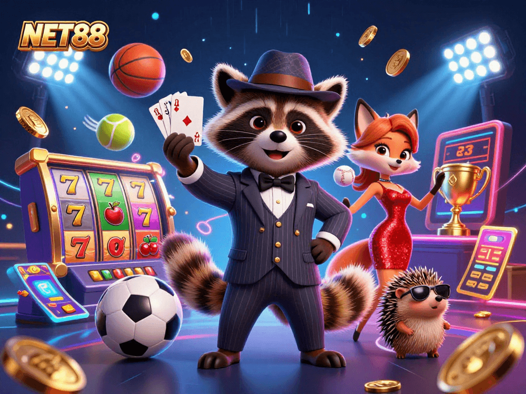 Engage with NET88's vibrant casino experience with a suave raccoon, elegant fox, and bouncer enjoying dynamic gaming elements.