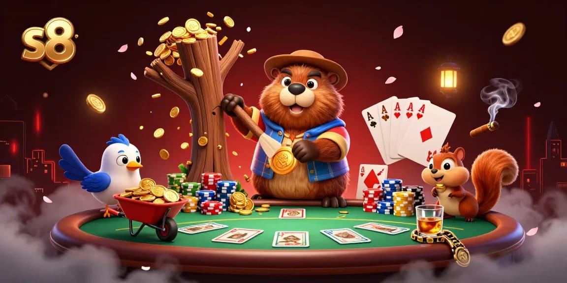 S8 online casino features a lumberjack beaver surrounded by poker elements, stacking coins and excitement.