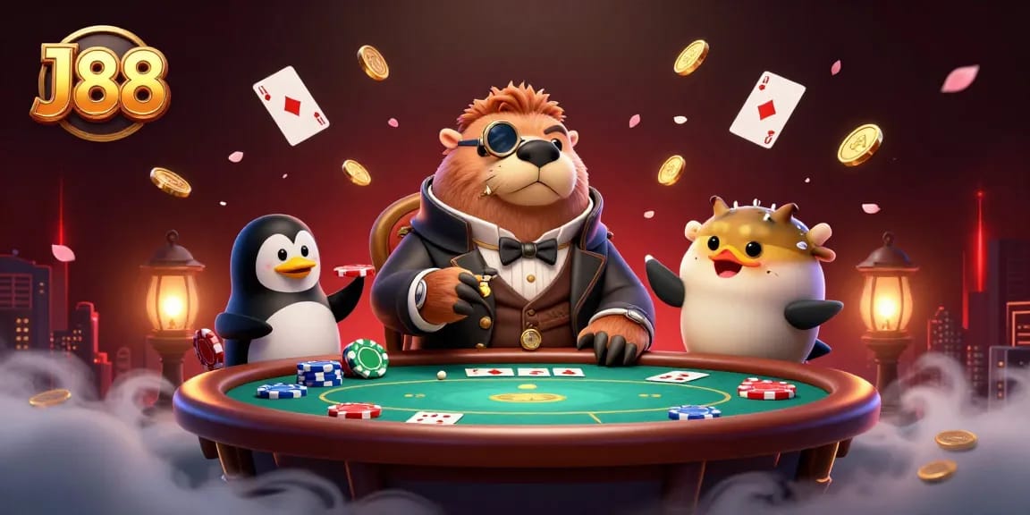 Experience J88’s thrilling poker table with a jolly walrus, clever dealer, and a bluffing fish.