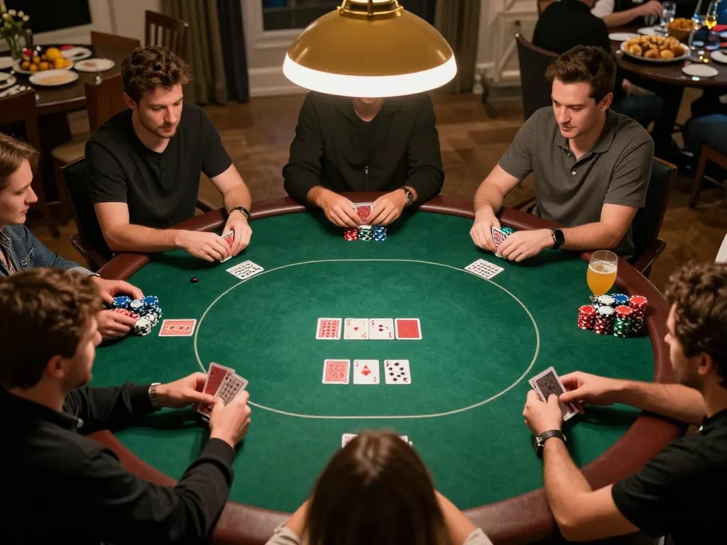 Players enjoying an exciting poker game at home, showcasing F168's engaging atmosphere and strategic gameplay.