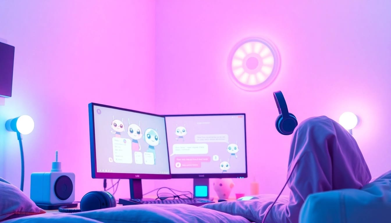 Engaging interaction in a virtual chat with crush on ai, showcasing friendly AI characters in a cozy digital environment.