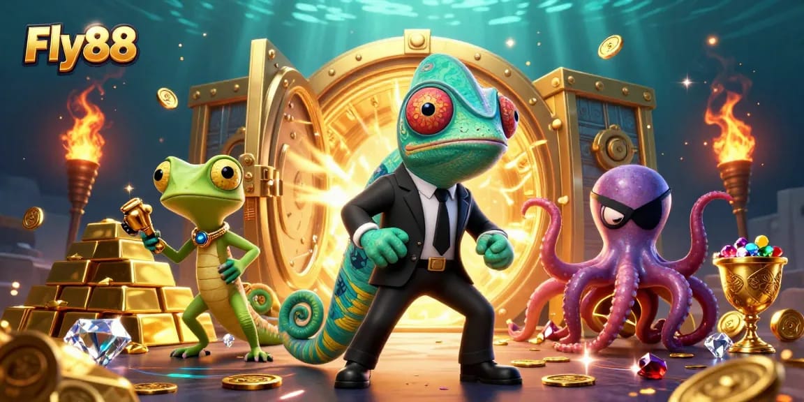 Engage with Fly88's thrilling casino experiences featuring a vibrant 3D illustration of a secret agent chameleon and friends.