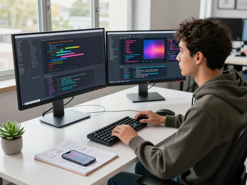 Developer coding on multiple screens at Techsslaash workspace with modern office setup.