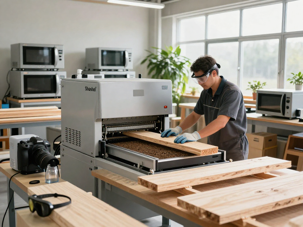 Shashel® technician using advanced microwave equipment to eliminate wood pests in a modern workshop.