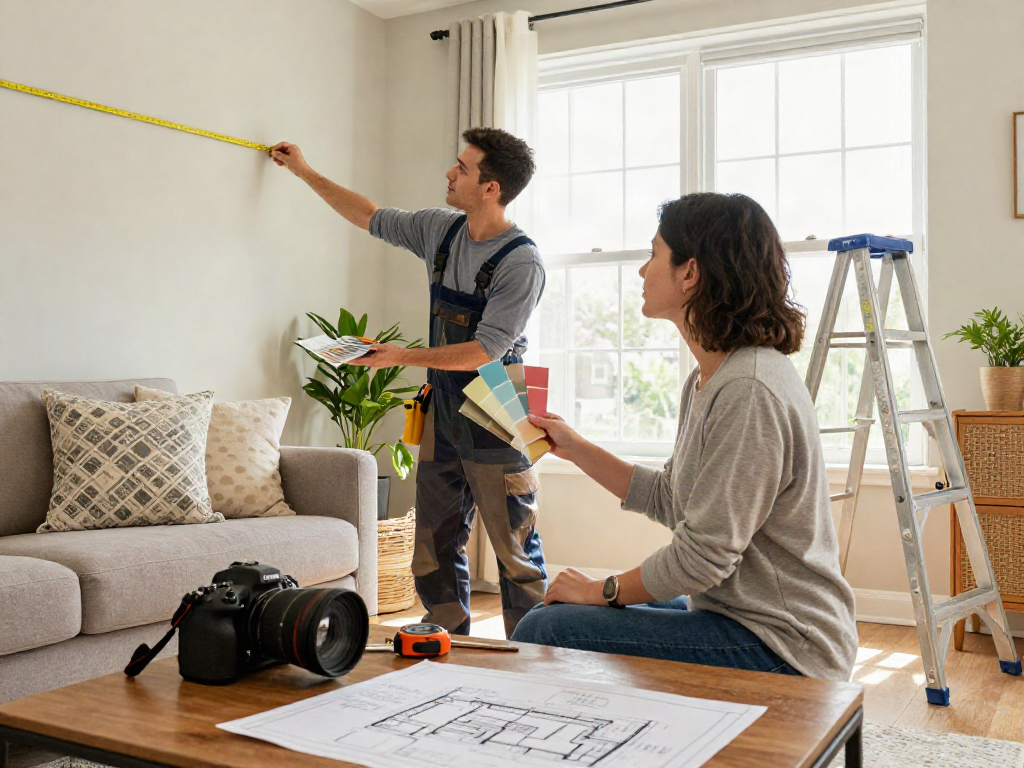 Home repair services Des Moines Iowa with contractor measuring wall and homeowner discussing paint choices.