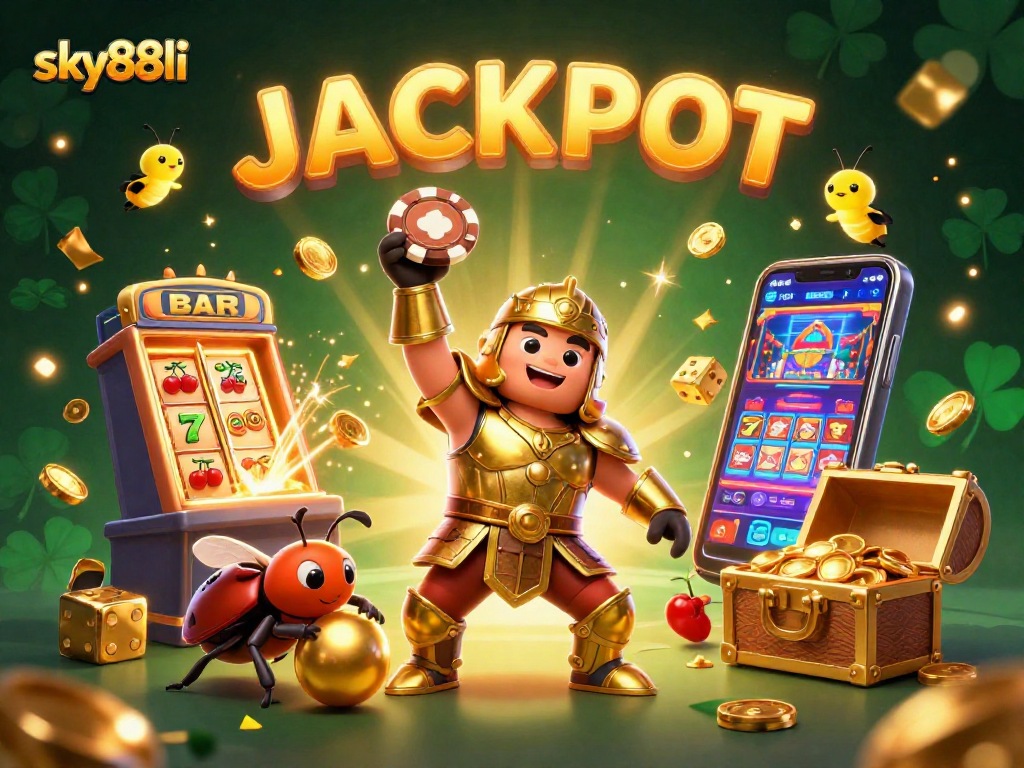Experience the excitement of sky88li with a victorious beetle celebrating winning moments in a vibrant casino scene.