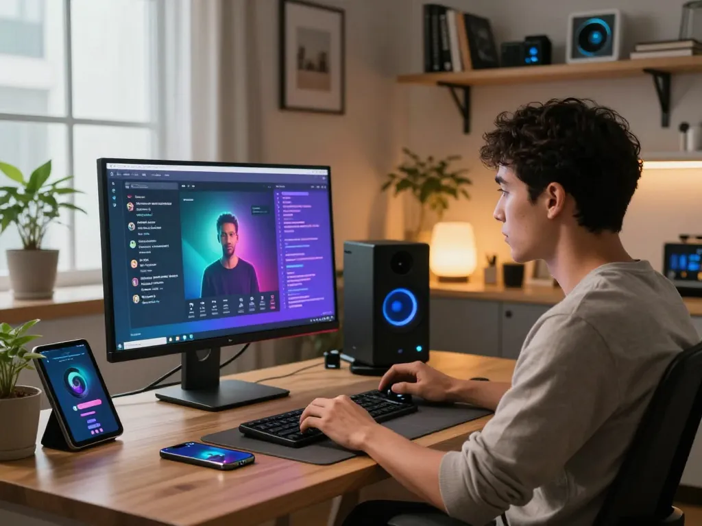 Engaging interaction with AI slut in a modern home office environment.